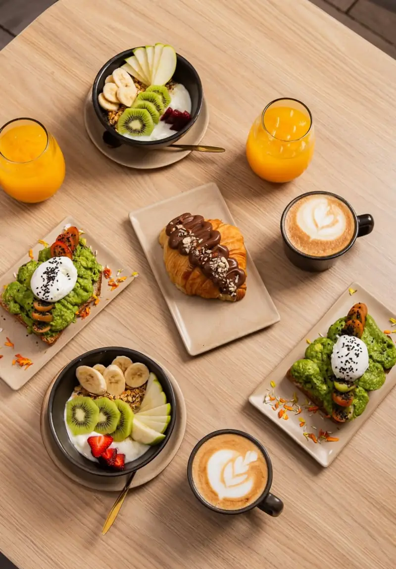 Desayuno de Nomad Hub visto desde arriba: cafés con latte art, tostadas y frutas